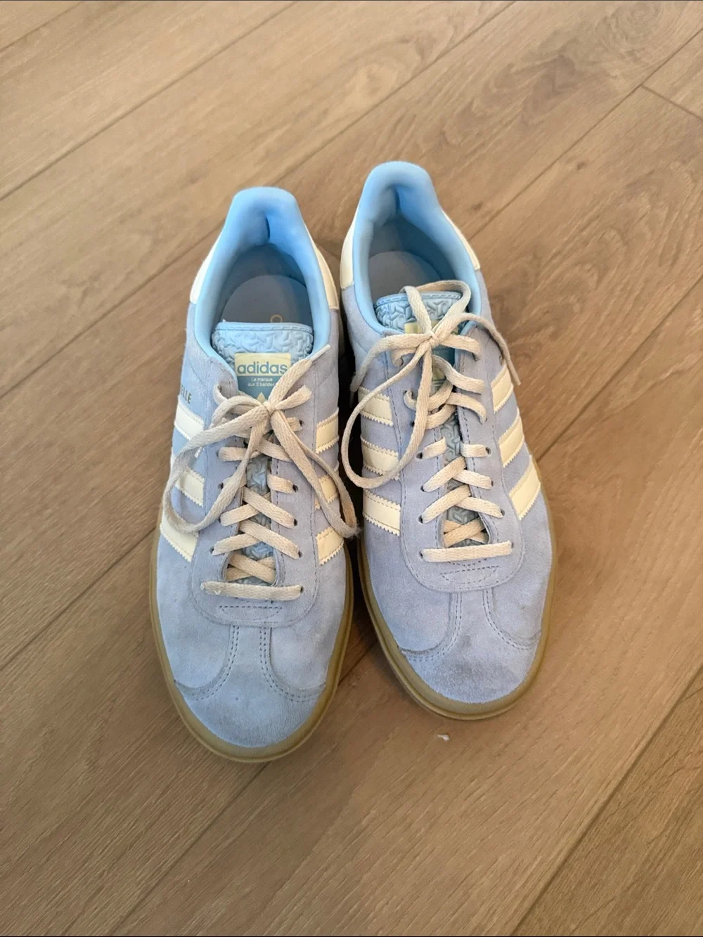 adidas Gazelle Platform Suede Sneakers in Light Blue and White with Gum Sole